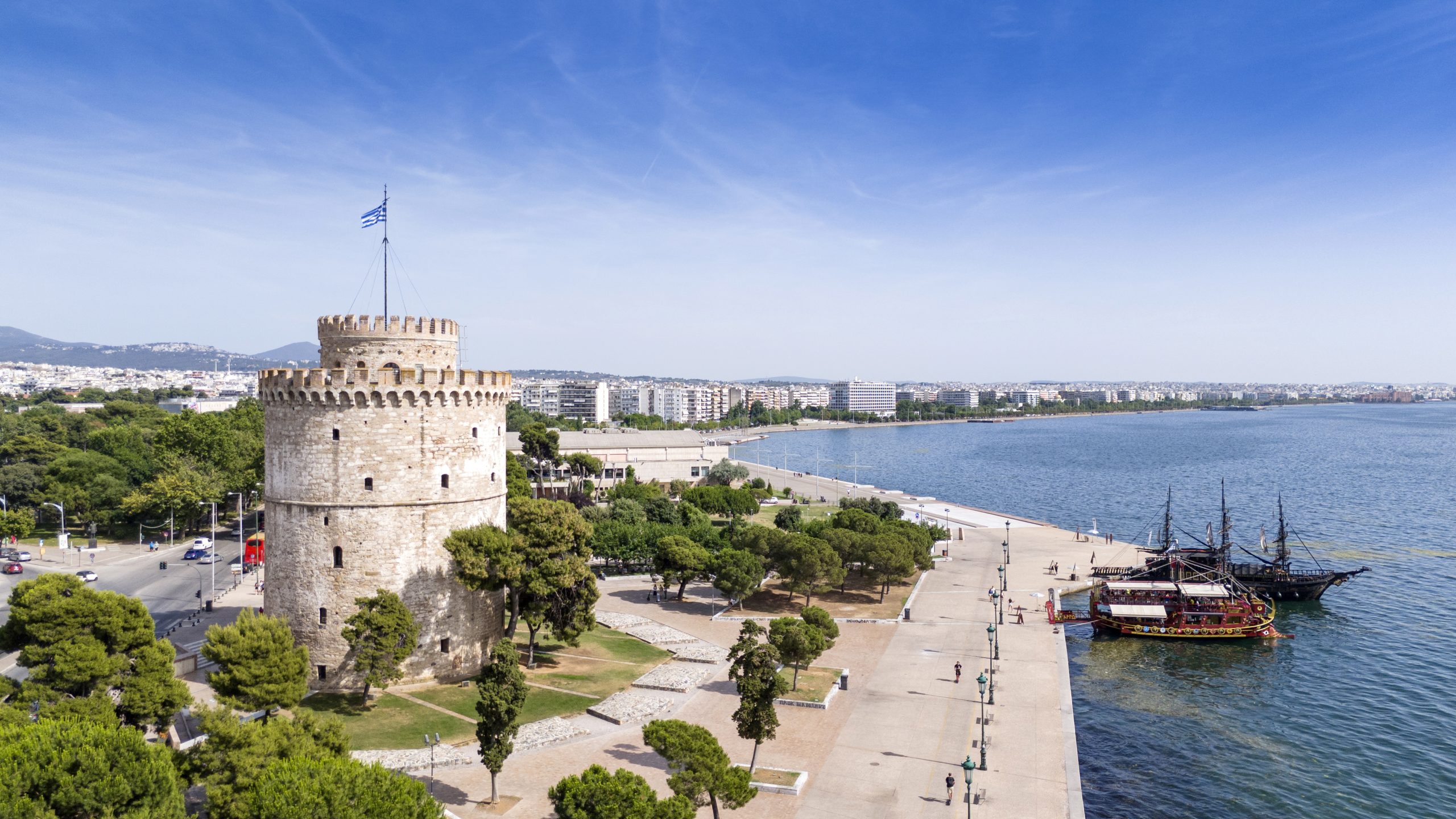 Aerial view of the Whiite Tower, in Thessaloniki, Greece